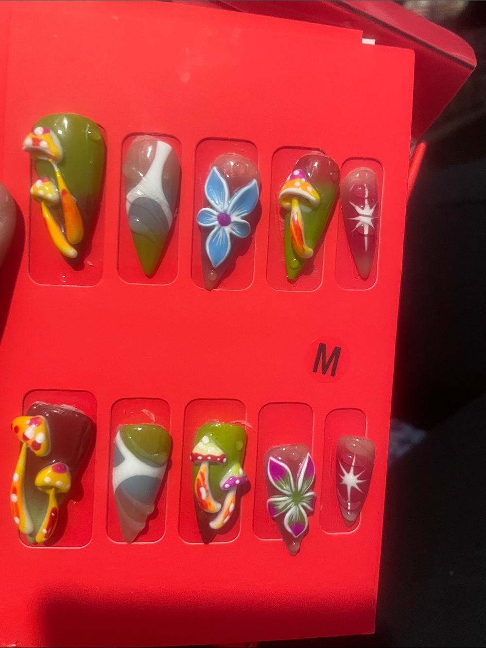 Hand-Painted Green Floral & Mushroom Press-On Nail Set